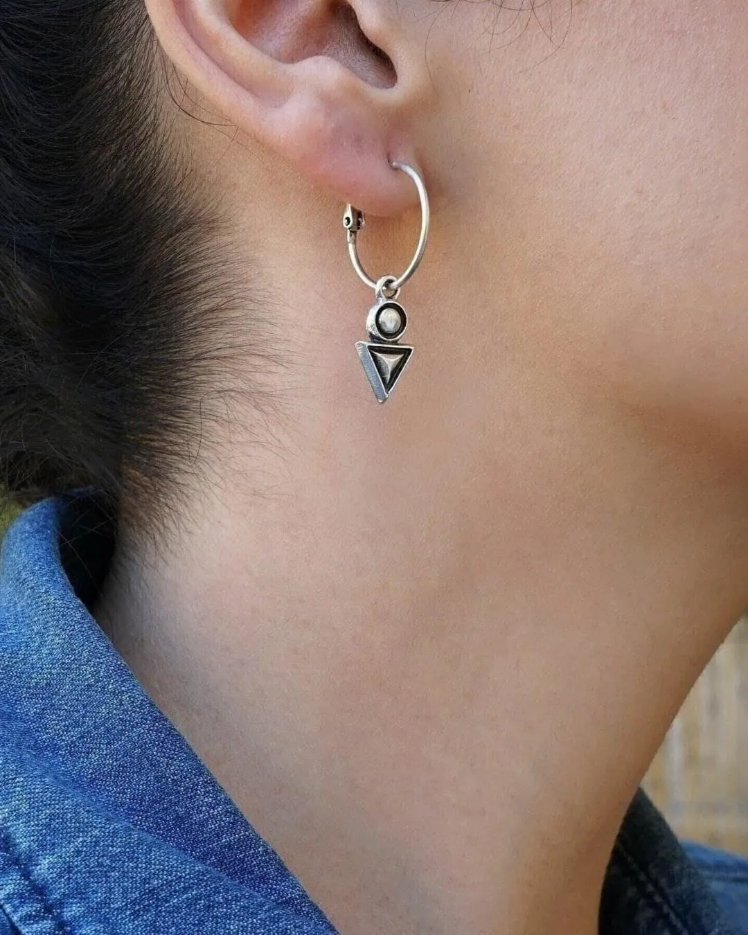 Silver Hoop Earrings with Geometric Charm