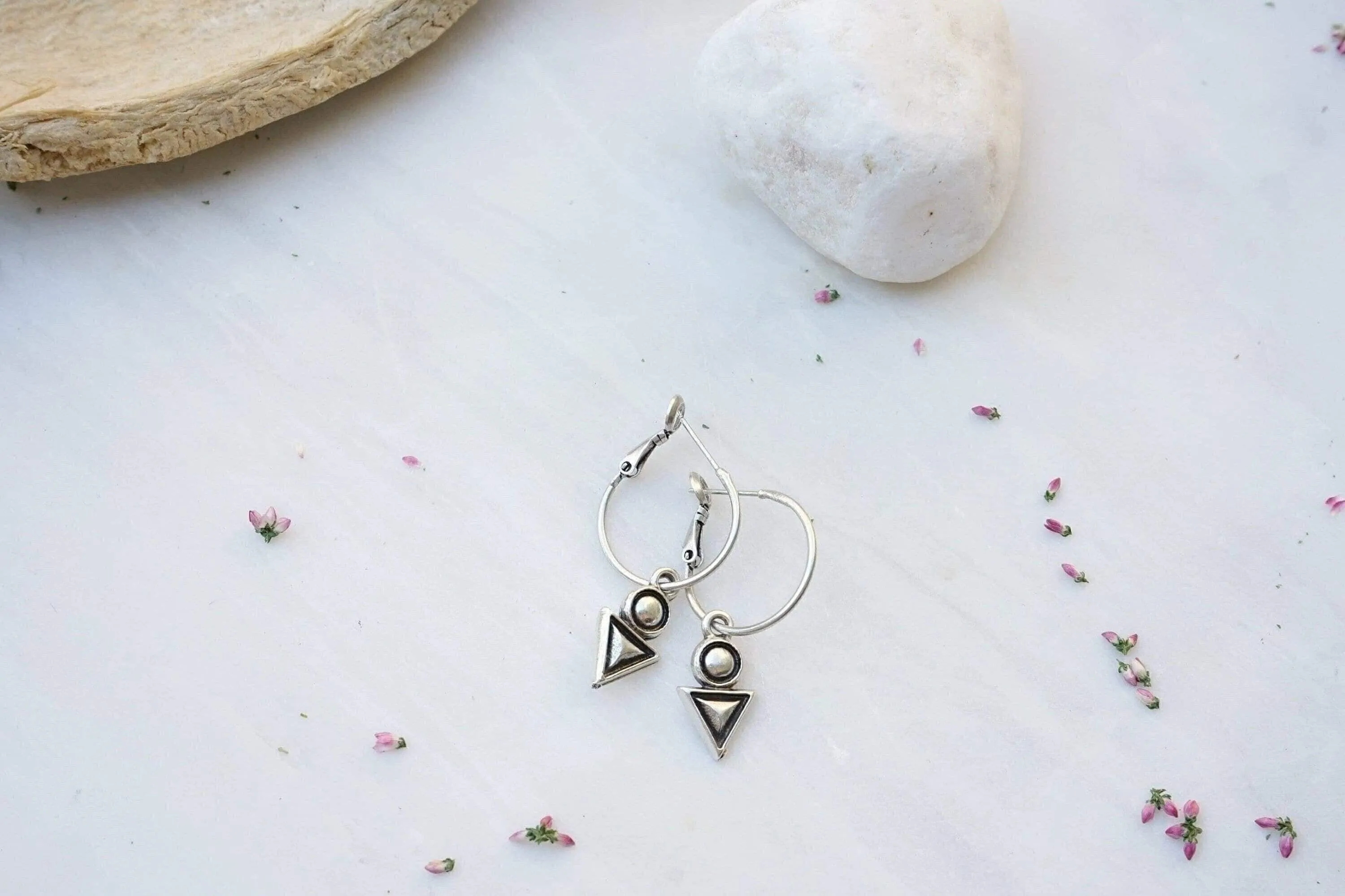 Silver Hoop Earrings with Geometric Charm