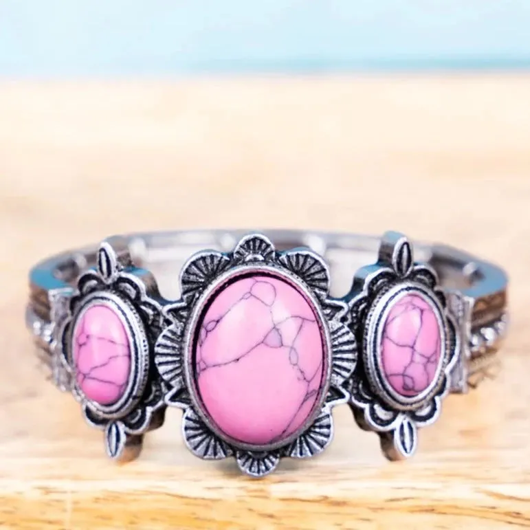 Silver Pink Stone Western Stretch Bracelet