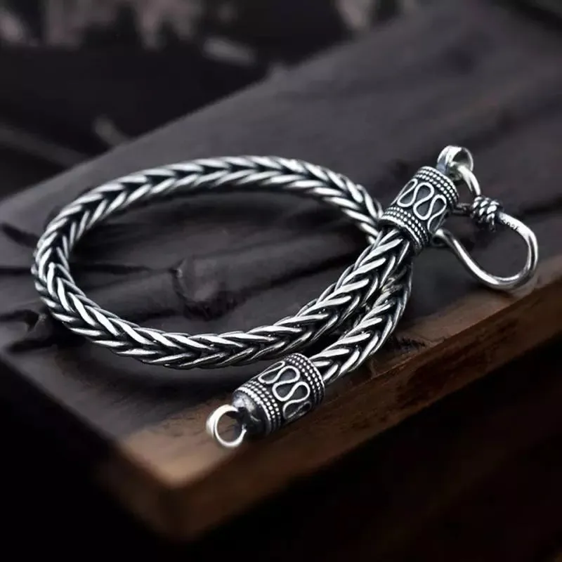 Silver Plated Braided Twist Chain Bracelet Men\'s Vintage Simple Foxtail Chain Cuff Bracelet Casual Jewelry Gift