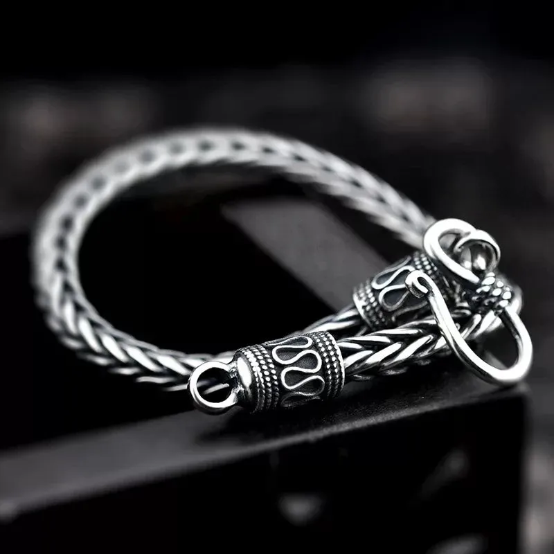 Silver Plated Braided Twist Chain Bracelet Men\'s Vintage Simple Foxtail Chain Cuff Bracelet Casual Jewelry Gift