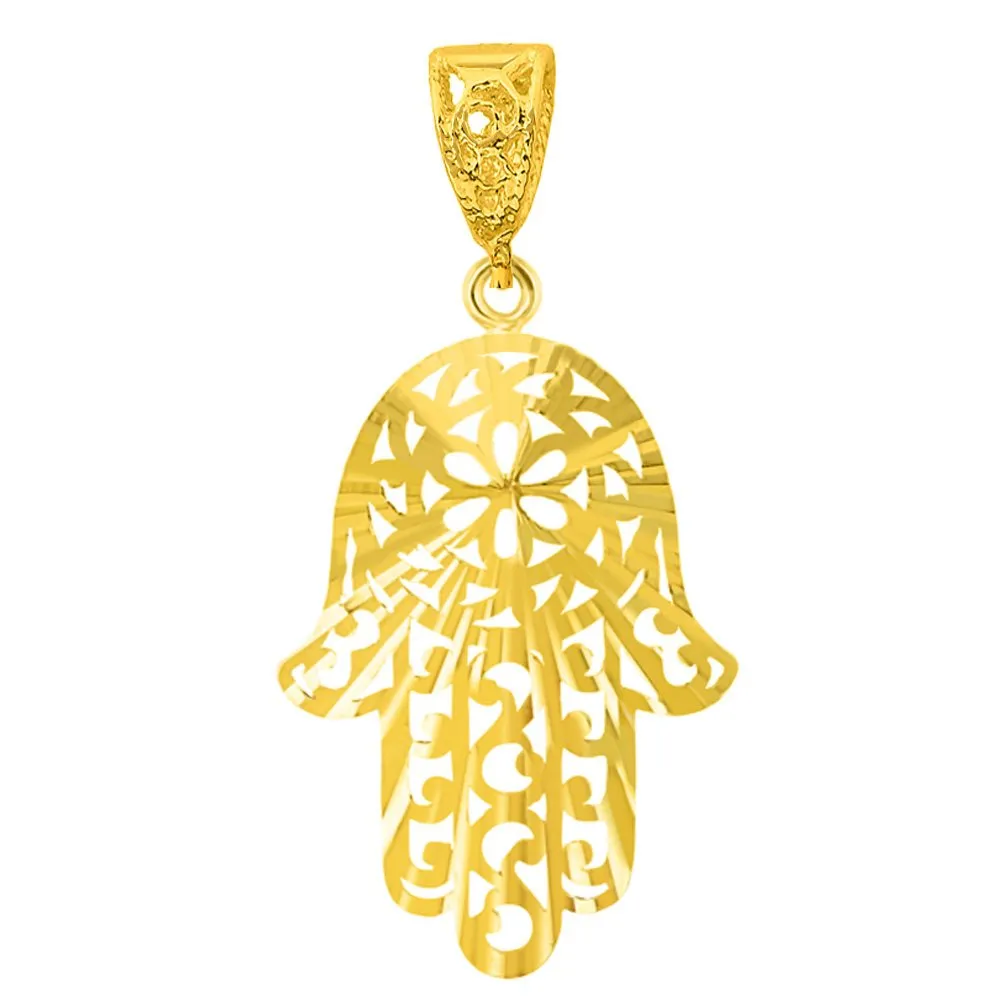 Solid 14K Gold Textured Filigree Hamsa Hand of Fatima Pendant Necklace - Yellow Gold