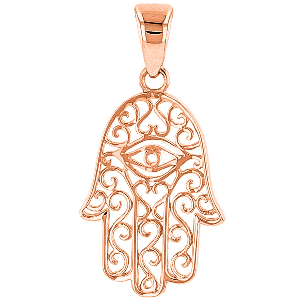 Solid 14K Rose Gold Filigree Hamsa Hand of Fatima with Evil Eye Pendant Necklace