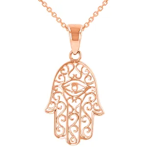 Solid 14K Rose Gold Filigree Hamsa Hand of Fatima with Evil Eye Pendant Necklace