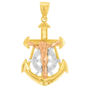 Solid 14K Tri-Color Gold Fleur de Lis Anchor with Mariner's Cross Jesus Crucifix Pendant