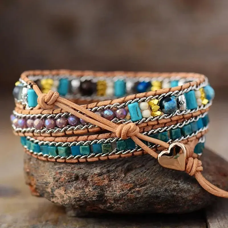 Stunning Blue Heart Opal Leather Bracelet - Handcrafted Bohemian Style Jewelry | Elegant & Unique Gift