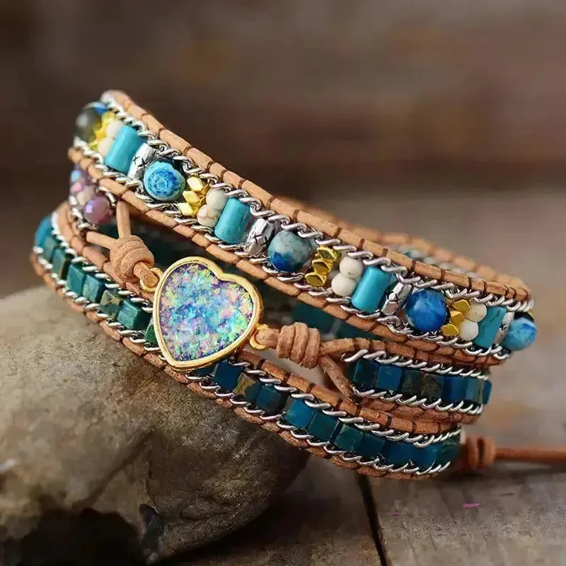 Stunning Blue Heart Opal Leather Bracelet - Handcrafted Bohemian Style Jewelry | Elegant & Unique Gift