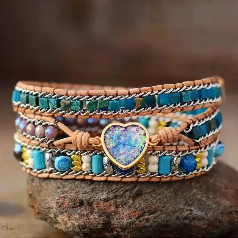 Stunning Blue Heart Opal Leather Bracelet - Handcrafted Bohemian Style Jewelry | Elegant & Unique Gift