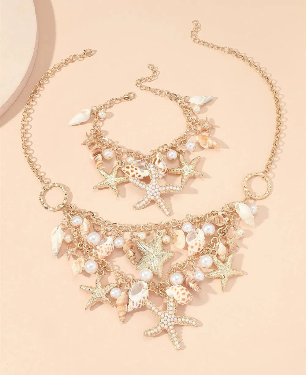 Sweet Conch Starfish Pendant Necklace and Bracelet Set - Exquisite Fashion Jewelry for Wholesale Cross-border Trade