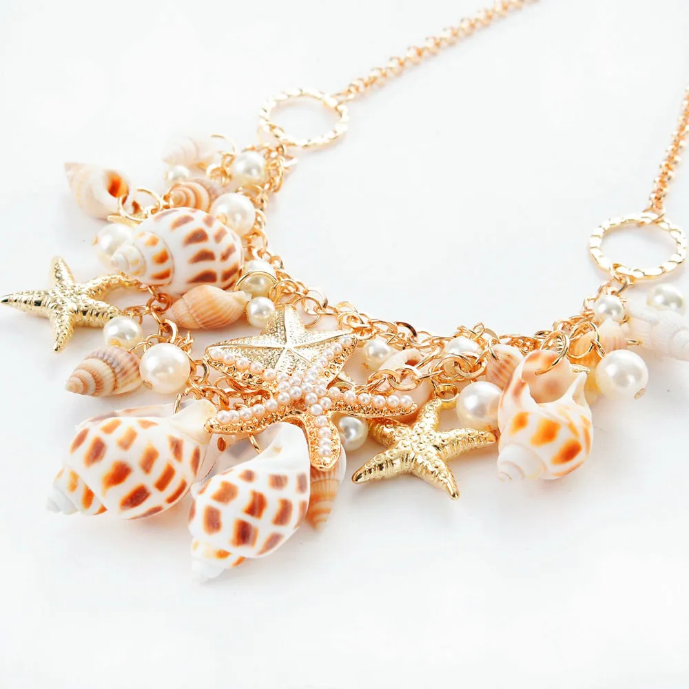 Sweet Conch Starfish Pendant Necklace and Bracelet Set - Exquisite Fashion Jewelry for Wholesale Cross-border Trade