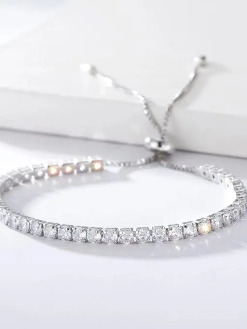 Tennis Silver Bracelet, .925 Sterling Silver Diamond Cubic Zirconia Adjustable Pull Casual Gold Tennis Bracelet