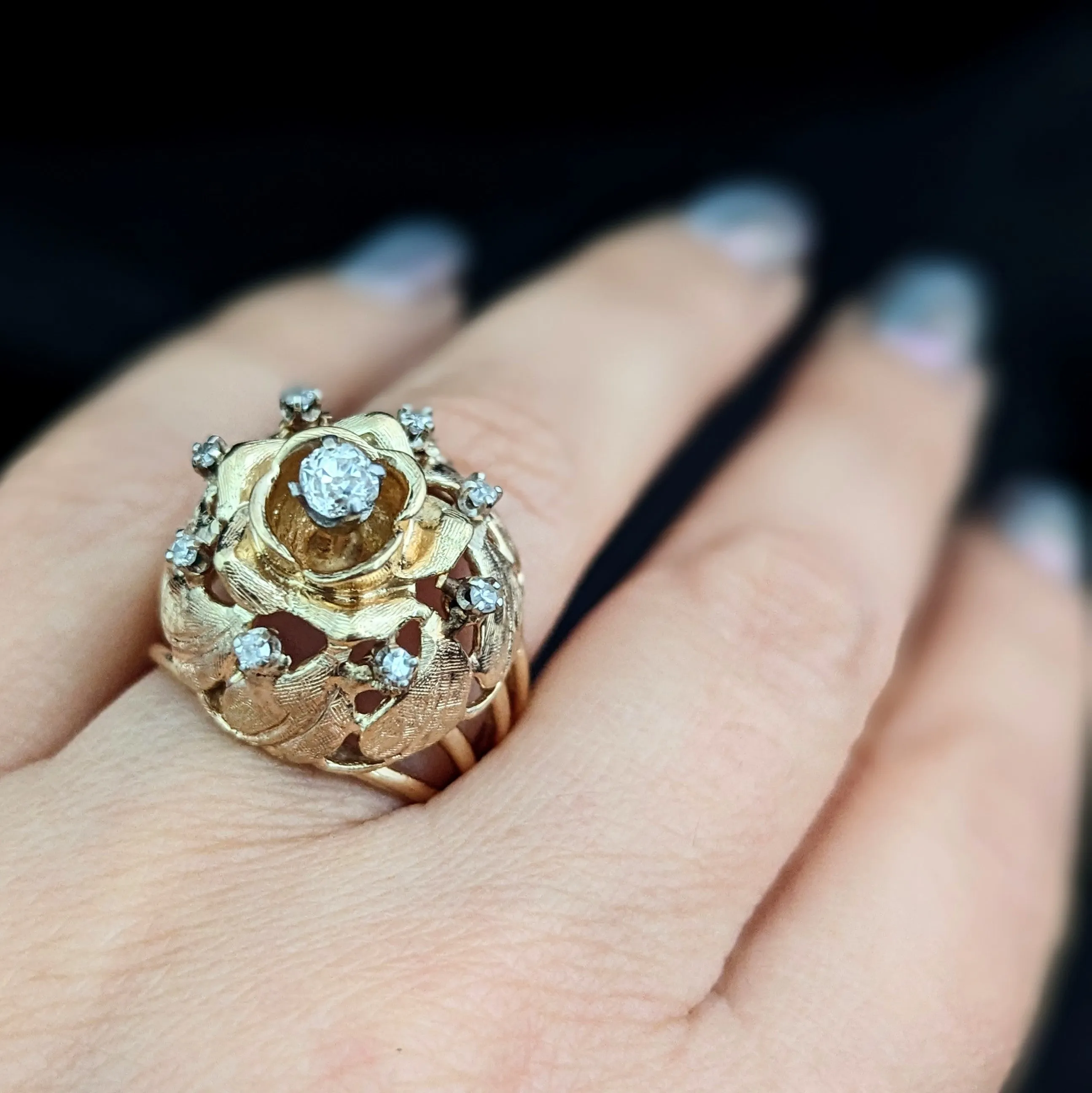 The Amboise - 1960s Diamond 14k Gold Floral Dome Cocktail Ring