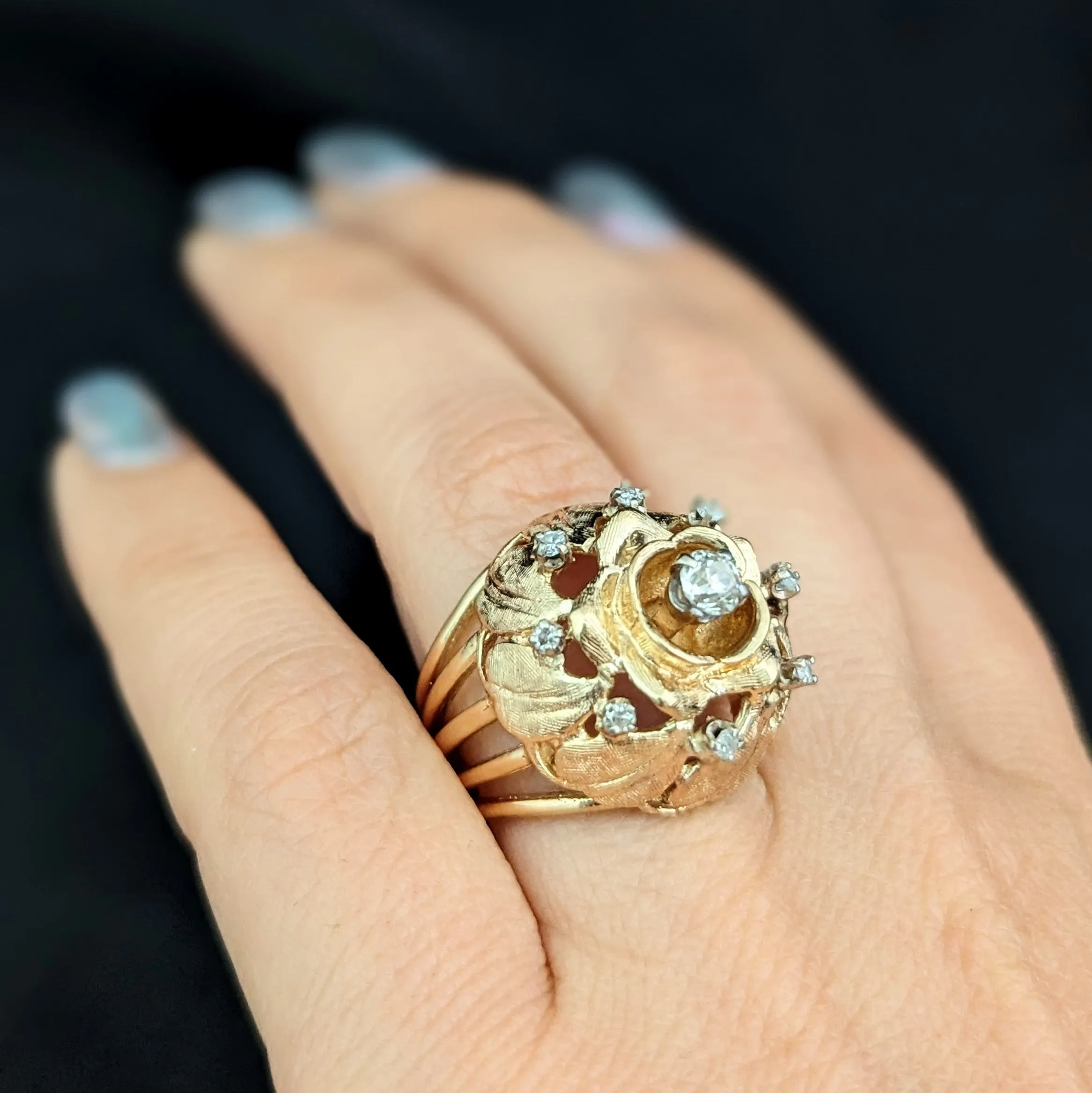 The Amboise - 1960s Diamond 14k Gold Floral Dome Cocktail Ring