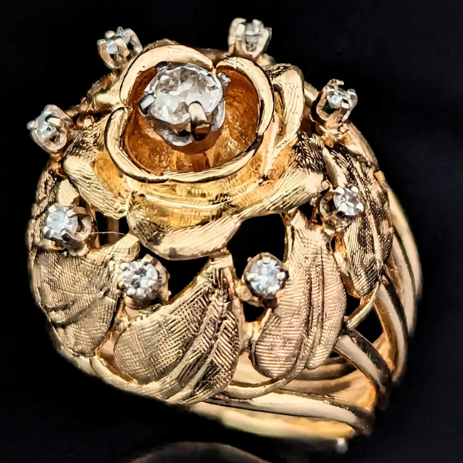 The Amboise - 1960s Diamond 14k Gold Floral Dome Cocktail Ring