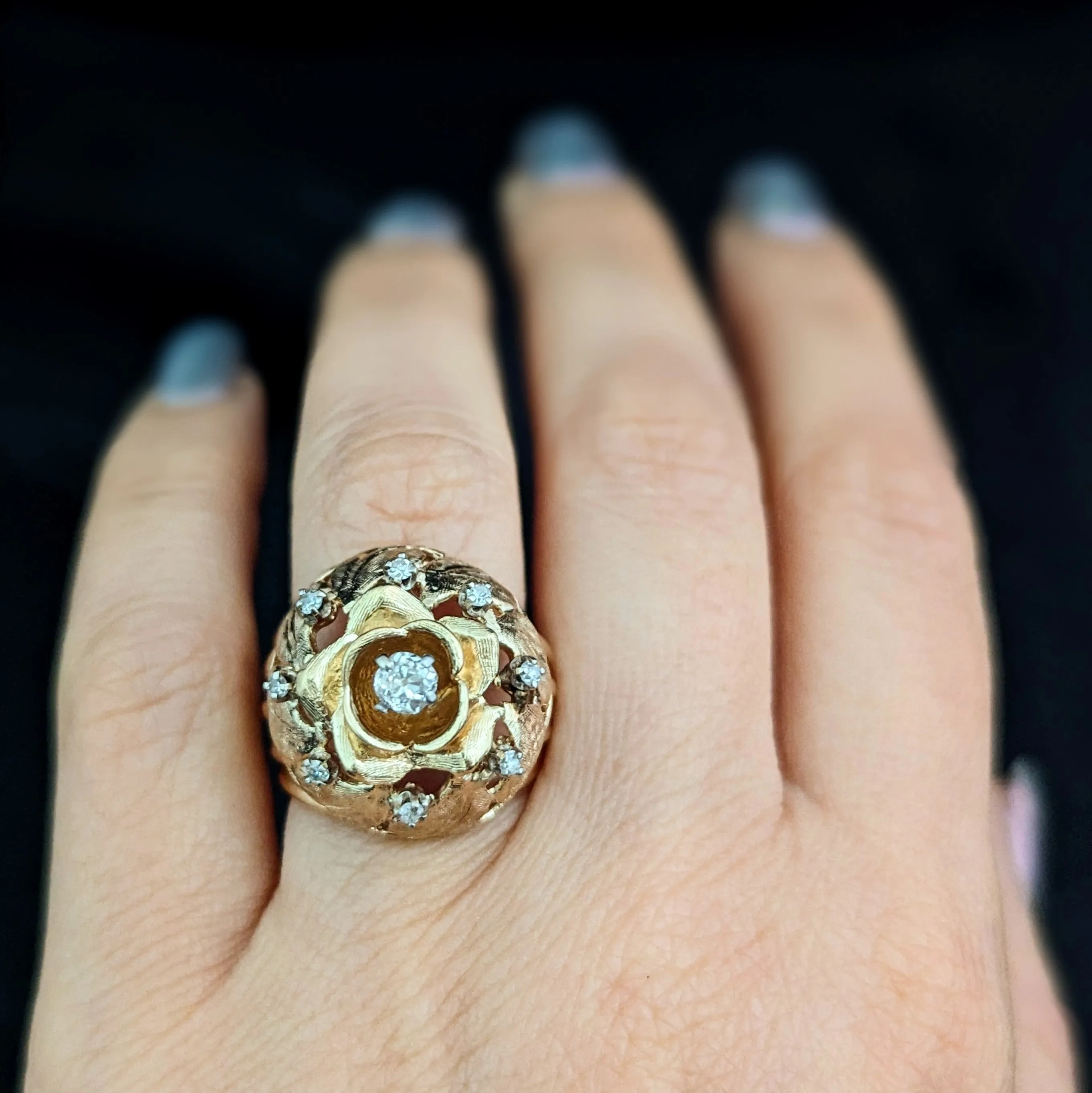 The Amboise - 1960s Diamond 14k Gold Floral Dome Cocktail Ring