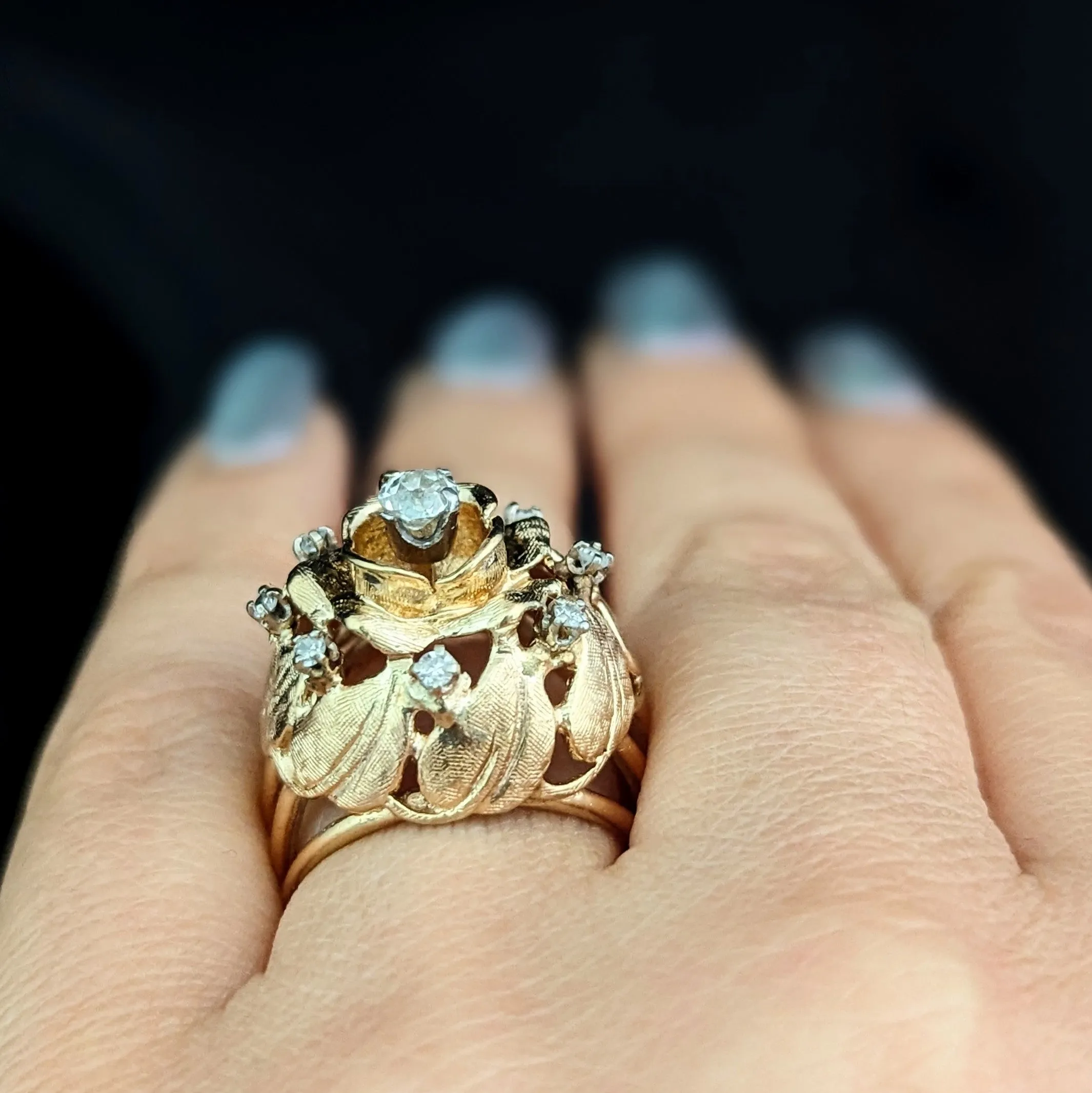 The Amboise - 1960s Diamond 14k Gold Floral Dome Cocktail Ring