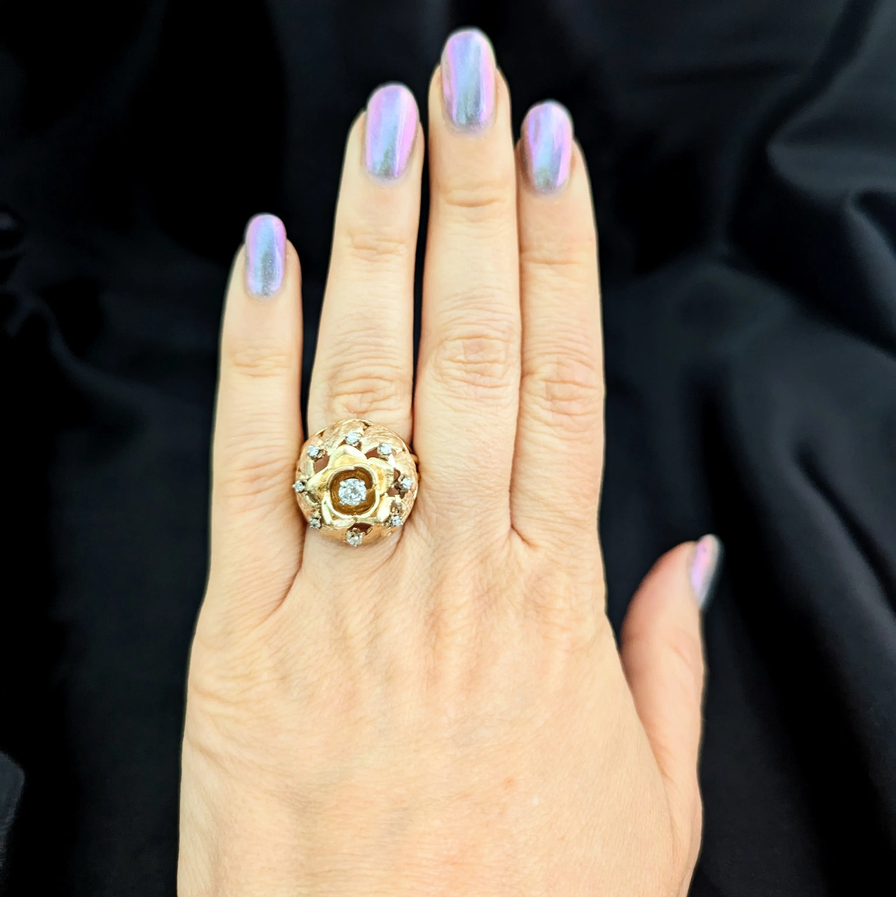 The Amboise - 1960s Diamond 14k Gold Floral Dome Cocktail Ring