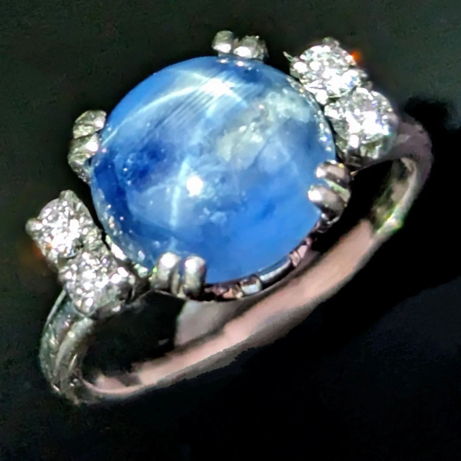 The Meredith - 1950s GIA Unheated 6ct Star Sapphire Diamonds Palladium Ring