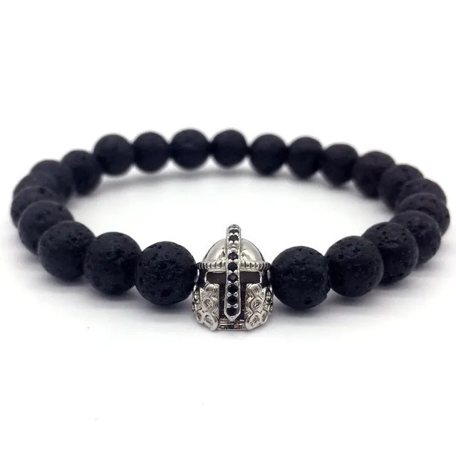 Trendy Lava Stone Pave CZ Imperial Crown And Helmet Charm Bracelets