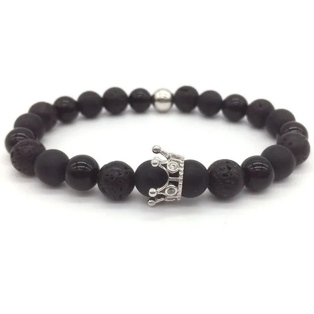 Trendy Lava Stone Pave CZ Imperial Crown And Helmet Charm Bracelets