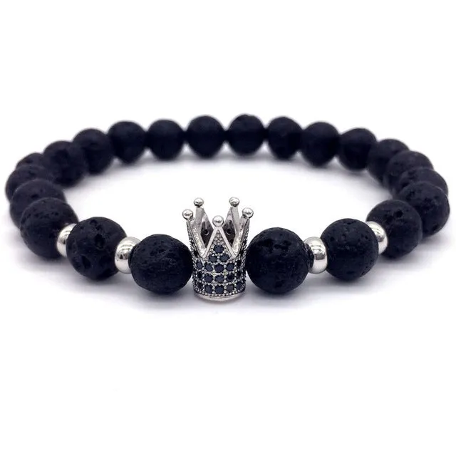 Trendy Lava Stone Pave CZ Imperial Crown And Helmet Charm Bracelets