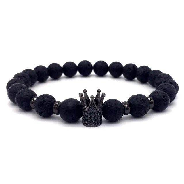 Trendy Lava Stone Pave CZ Imperial Crown And Helmet Charm Bracelets