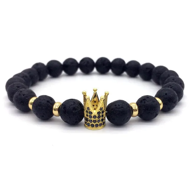 Trendy Lava Stone Pave CZ Imperial Crown And Helmet Charm Bracelets