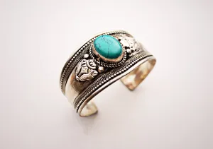 Turquoise Inlaid White Metal Tibetan Cuff Bracelet