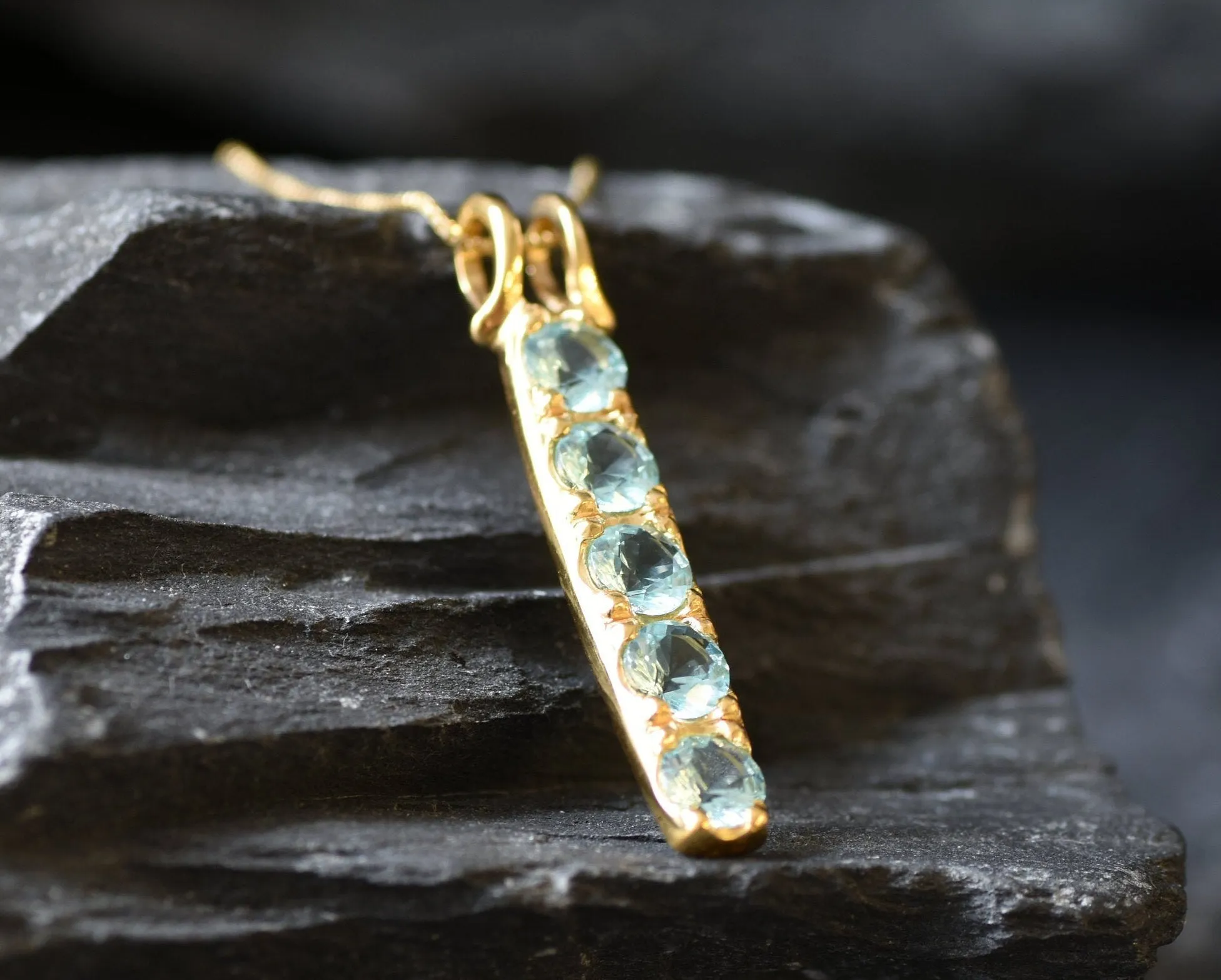 Vertical Aquamarine Pendant - Gold Aqua Necklace, Blue Aquamarine Necklace