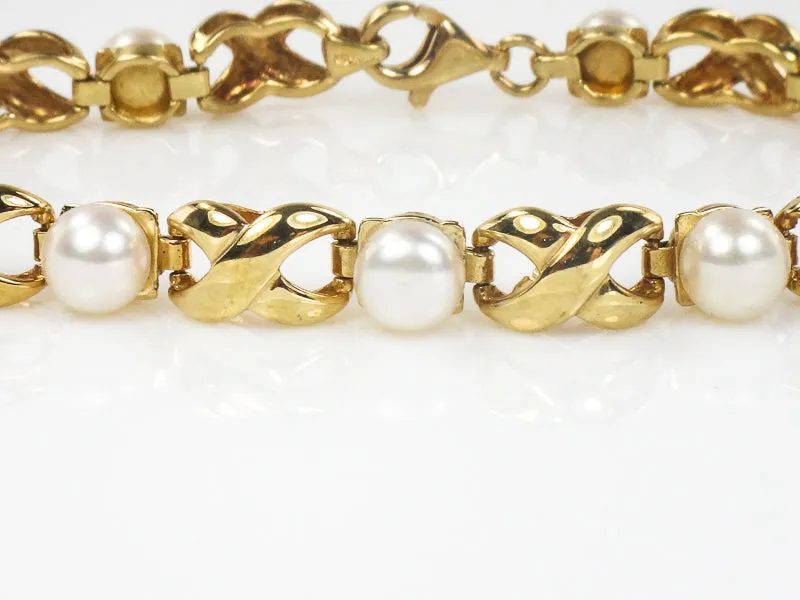 Vintage 14k Yellow Gold Pearl Bracelet, Hugs and Kisses Pearl Bridal Bracelet, June Birthstone Bracelet 7.5"