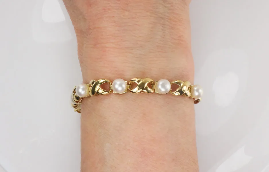 Vintage 14k Yellow Gold Pearl Bracelet, Hugs and Kisses Pearl Bridal Bracelet, June Birthstone Bracelet 7.5"