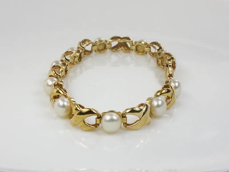 Vintage 14k Yellow Gold Pearl Bracelet, Hugs and Kisses Pearl Bridal Bracelet, June Birthstone Bracelet 7.5"