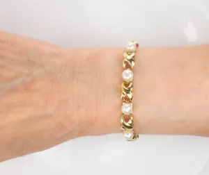 Vintage 14k Yellow Gold Pearl Bracelet, Hugs and Kisses Pearl Bridal Bracelet, June Birthstone Bracelet 7.5"