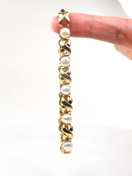 Vintage 14k Yellow Gold Pearl Bracelet, Hugs and Kisses Pearl Bridal Bracelet, June Birthstone Bracelet 7.5"