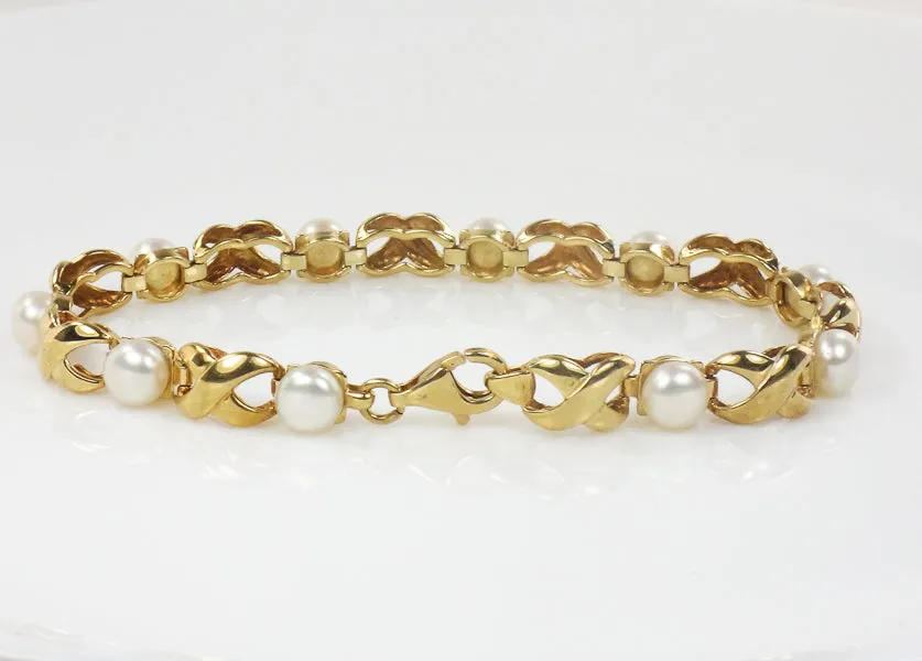 Vintage 14k Yellow Gold Pearl Bracelet, Hugs and Kisses Pearl Bridal Bracelet, June Birthstone Bracelet 7.5"