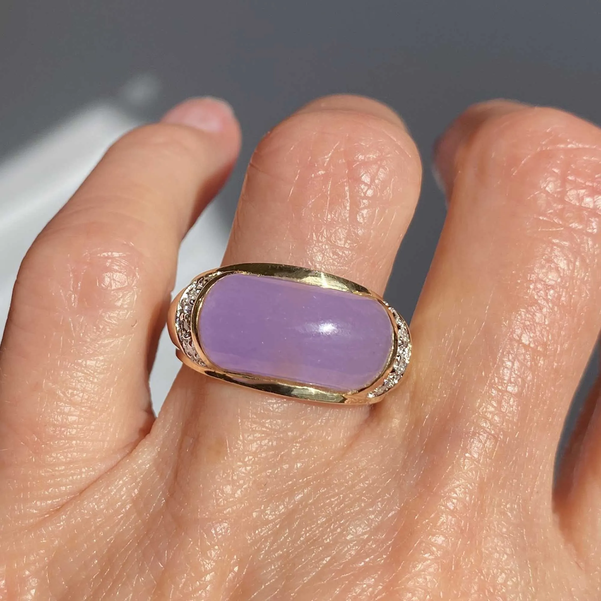 Vintage Diamond East West Purple Jade Ring in 14K Gold