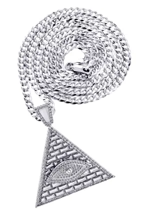 White Gold Plated Cuban Link Chain & Illuminate Pendant | Appx. 27.3 Grams