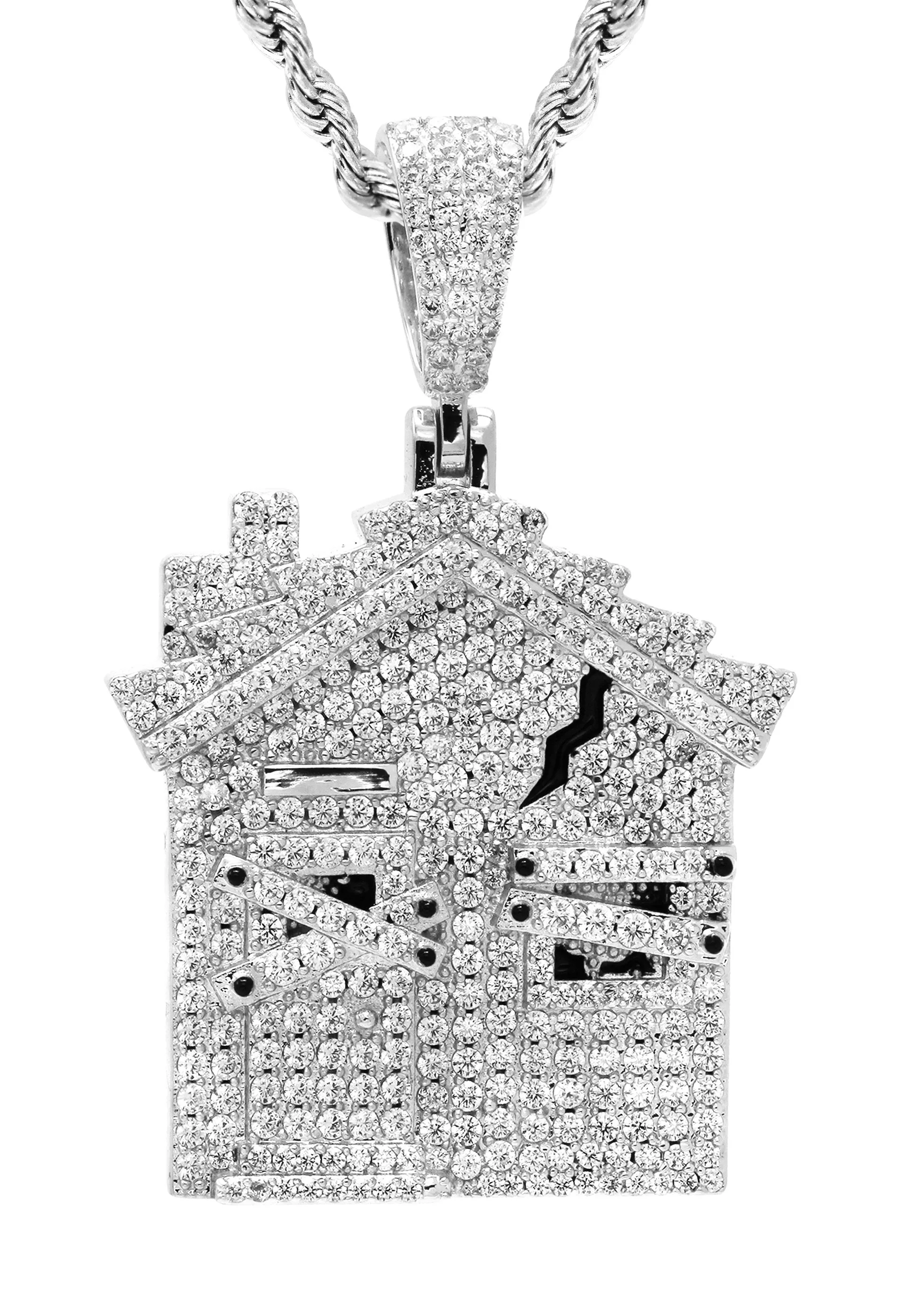 White Gold Plated Rope Chain & House Pendant | Appx. 20 Grams