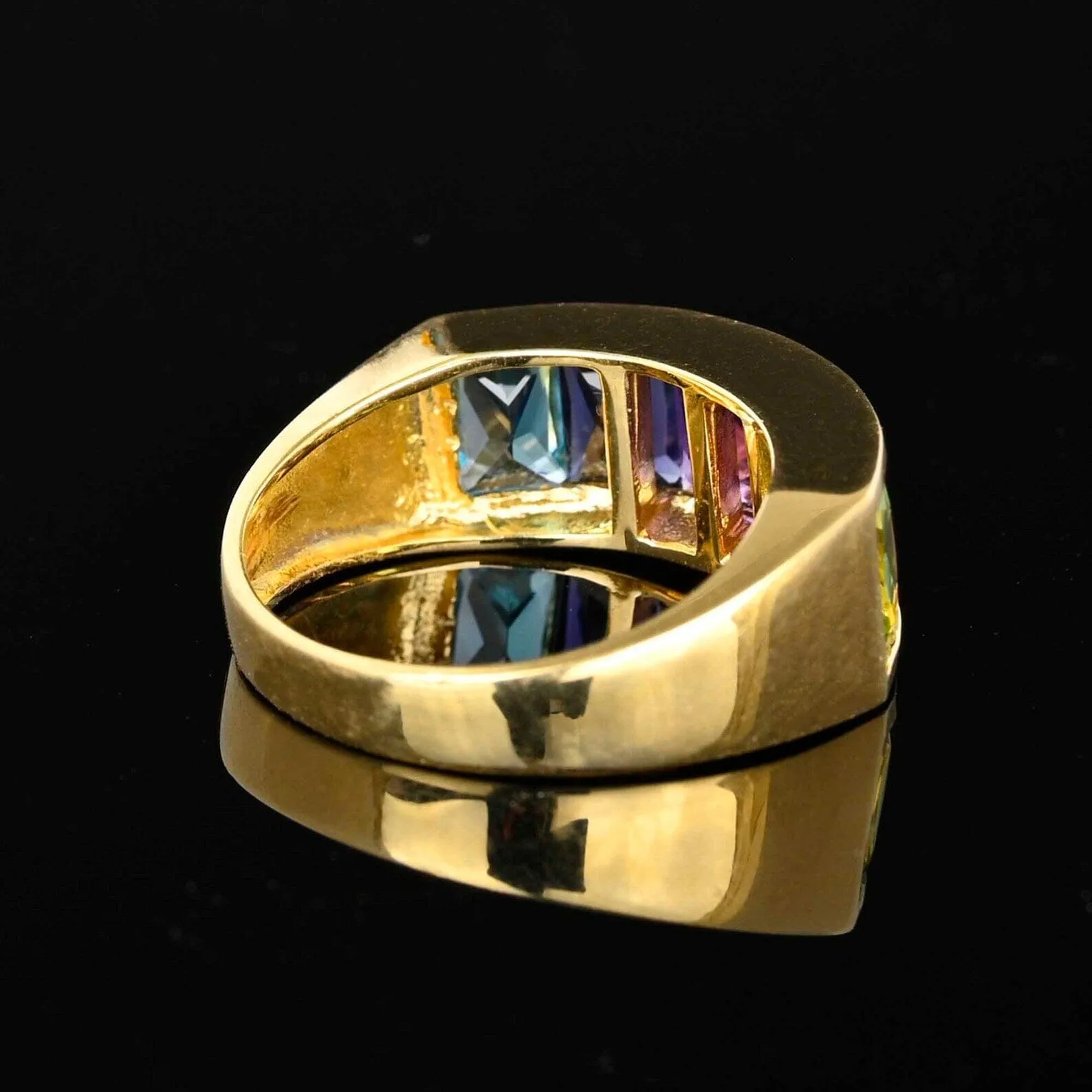 Wide 14K Gold Cushion Cut Multi Gemstone Ring