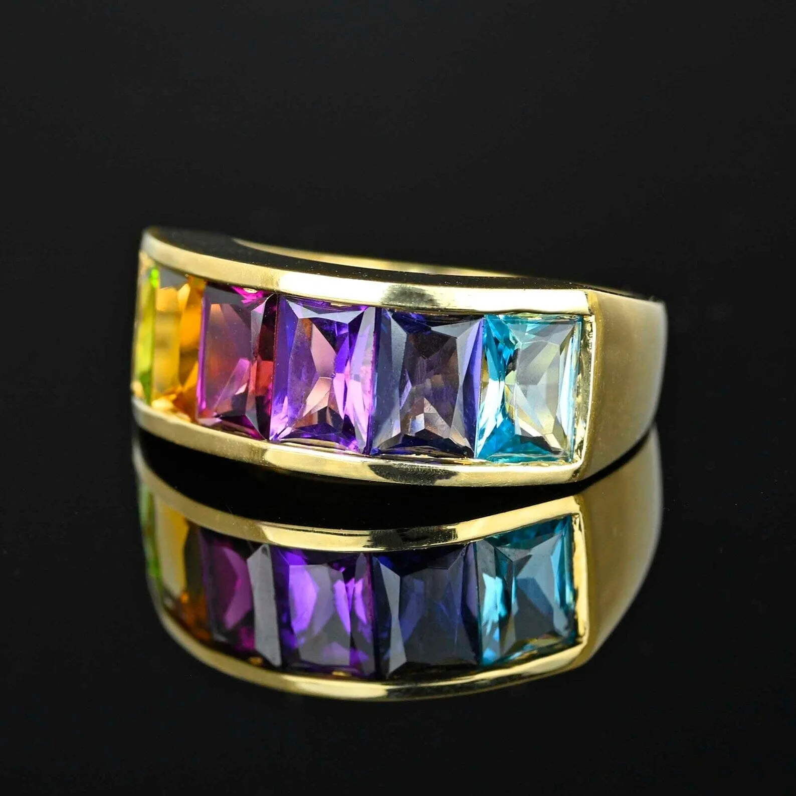 Wide 14K Gold Cushion Cut Multi Gemstone Ring