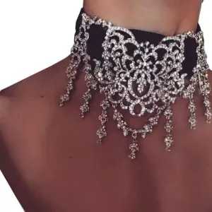 Wide Ribbon & Rhinestone Ornate Choker in Black and Silver