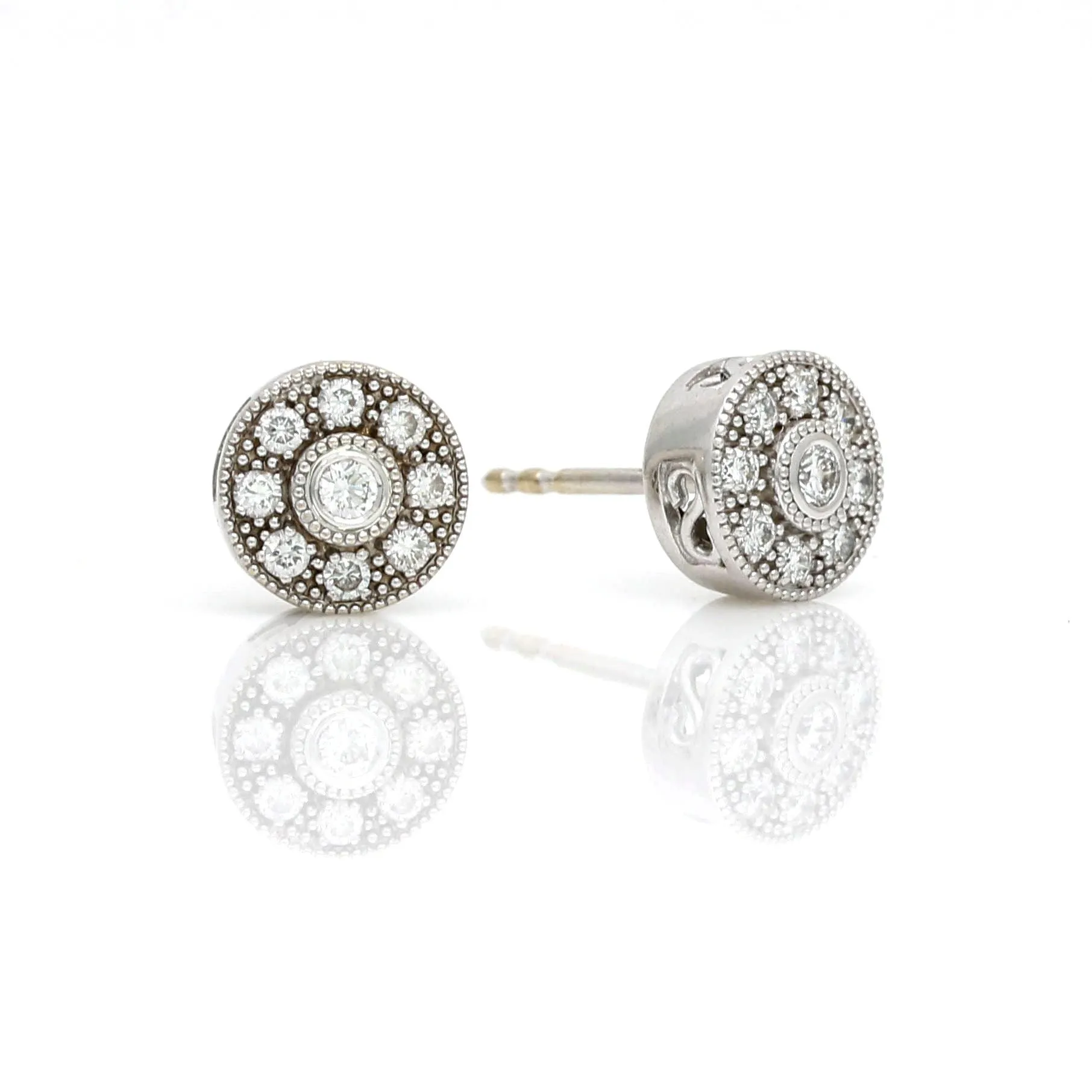 Women's Milgrain Diamond Stud Earrings in 18k White Gold