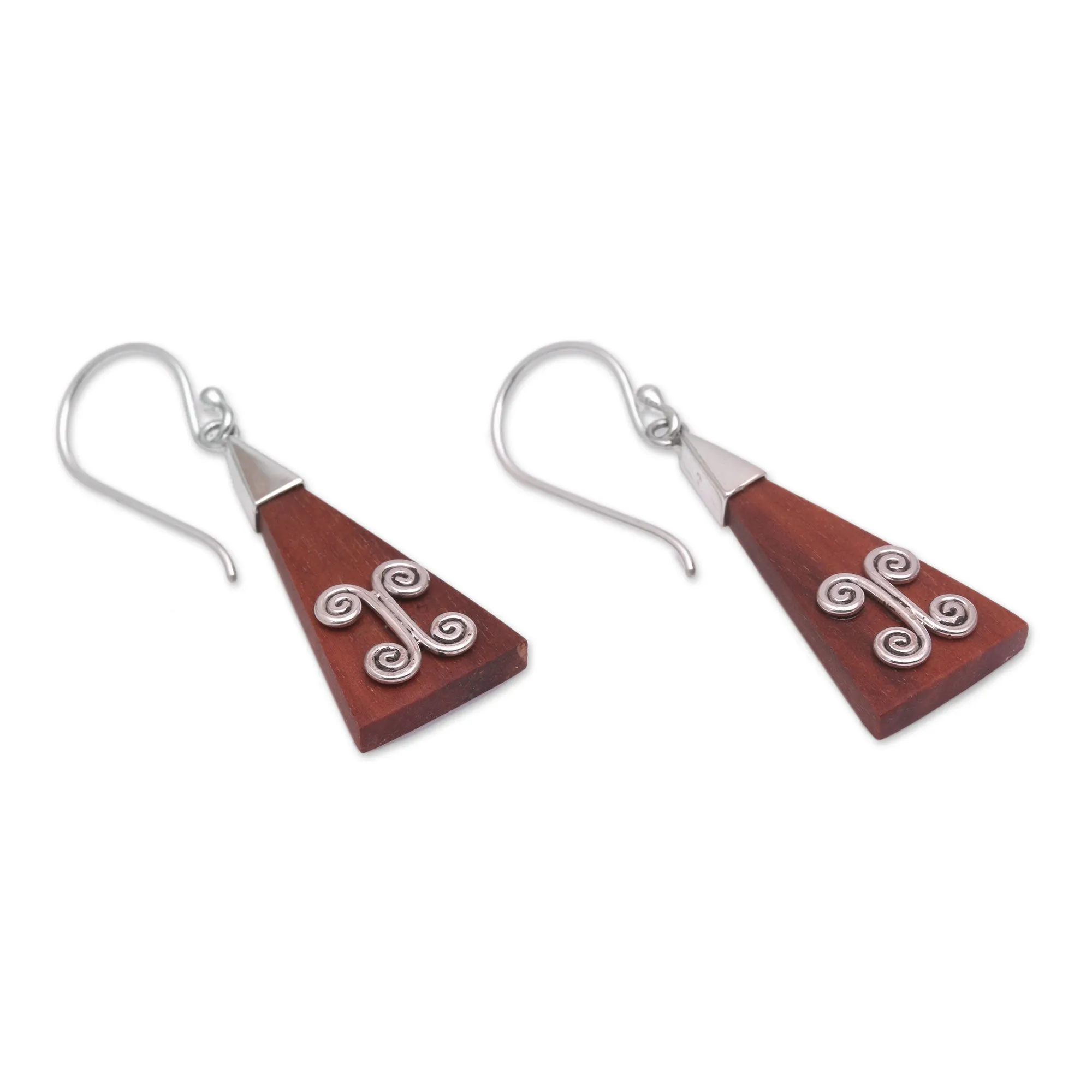 Wood Triangle Sterling Silver Swirl Modern Dangle Earrings - Reach | NOVICA