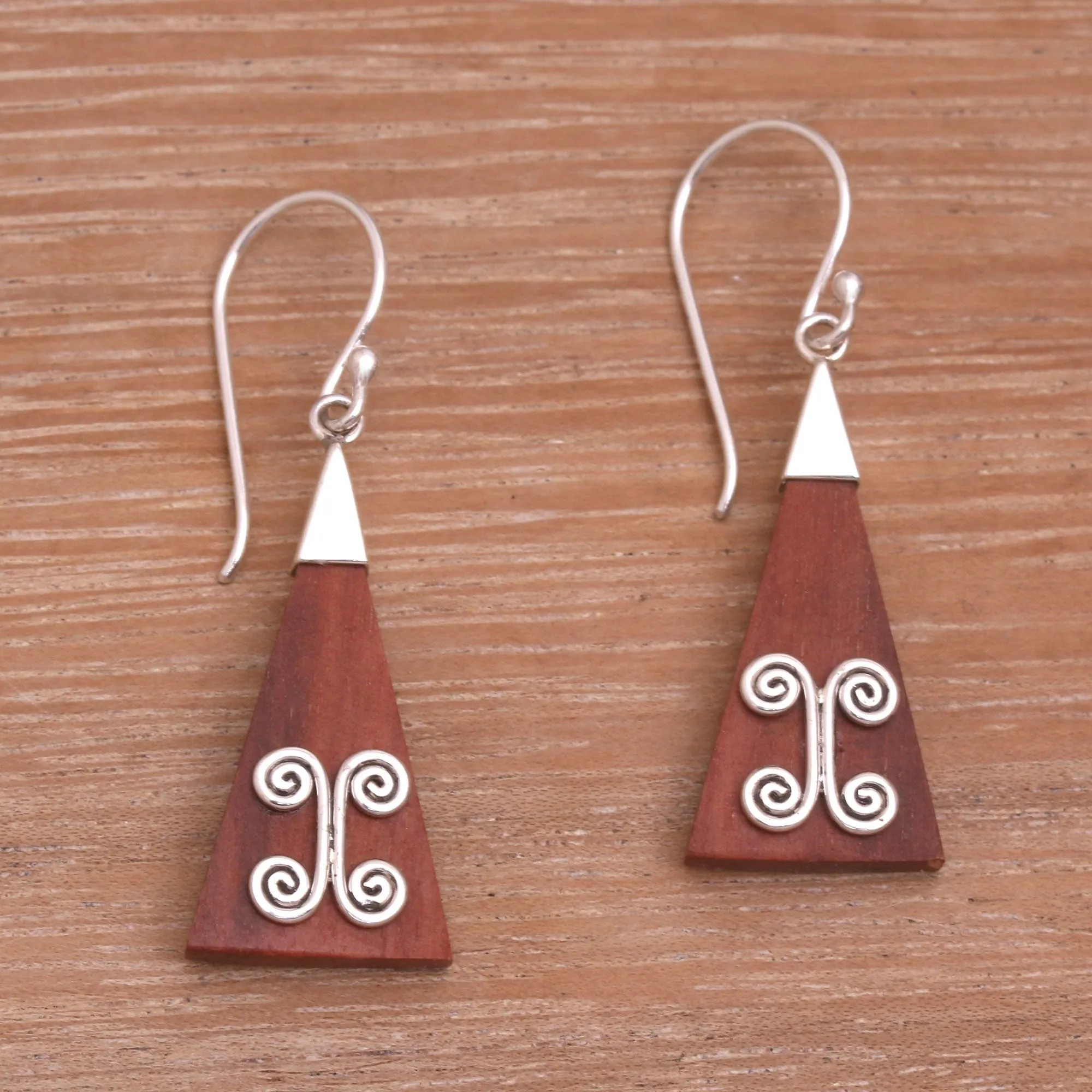 Wood Triangle Sterling Silver Swirl Modern Dangle Earrings - Reach | NOVICA