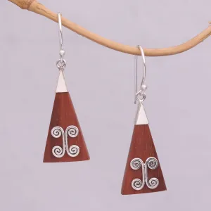 Wood Triangle Sterling Silver Swirl Modern Dangle Earrings - Reach | NOVICA