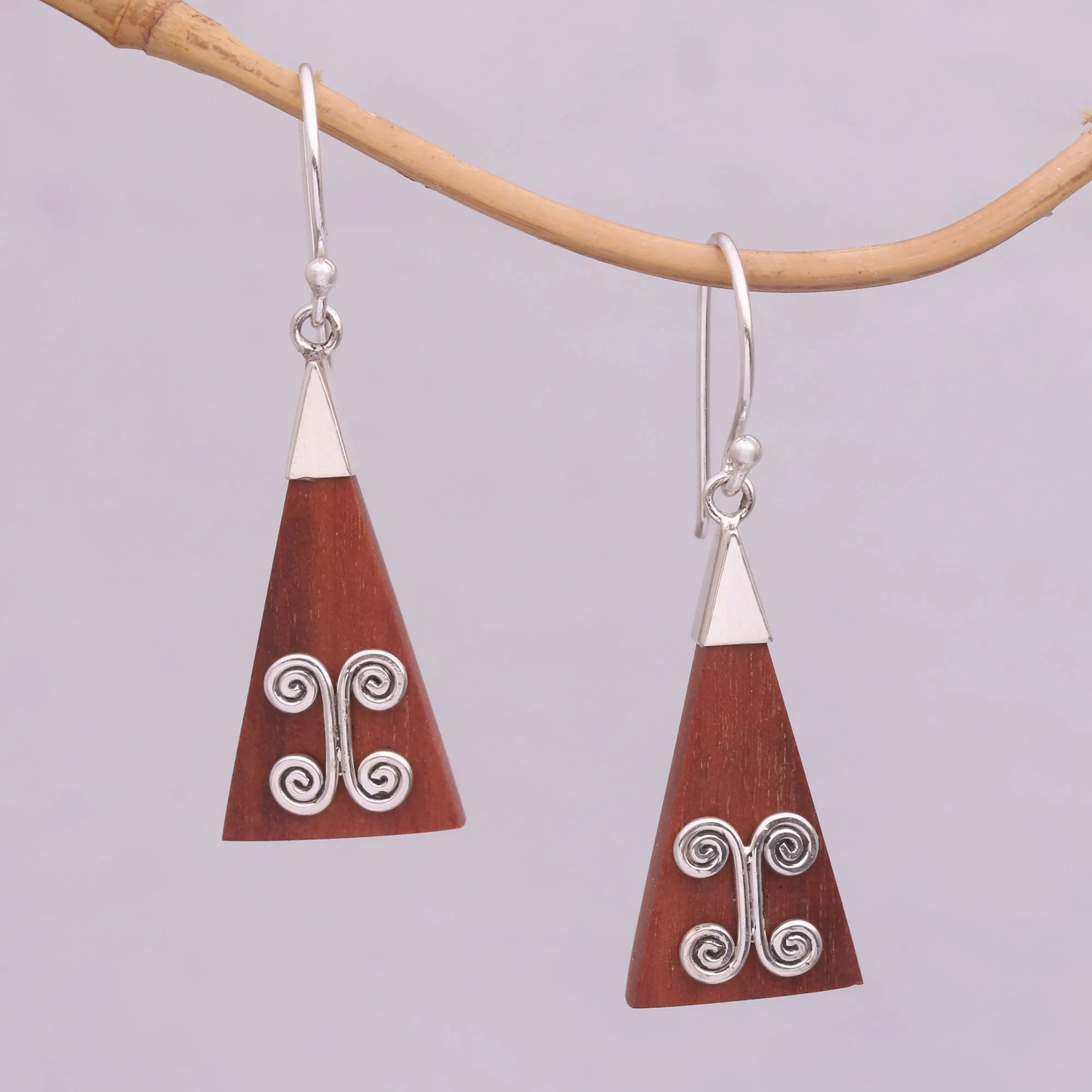 Wood Triangle Sterling Silver Swirl Modern Dangle Earrings - Reach | NOVICA