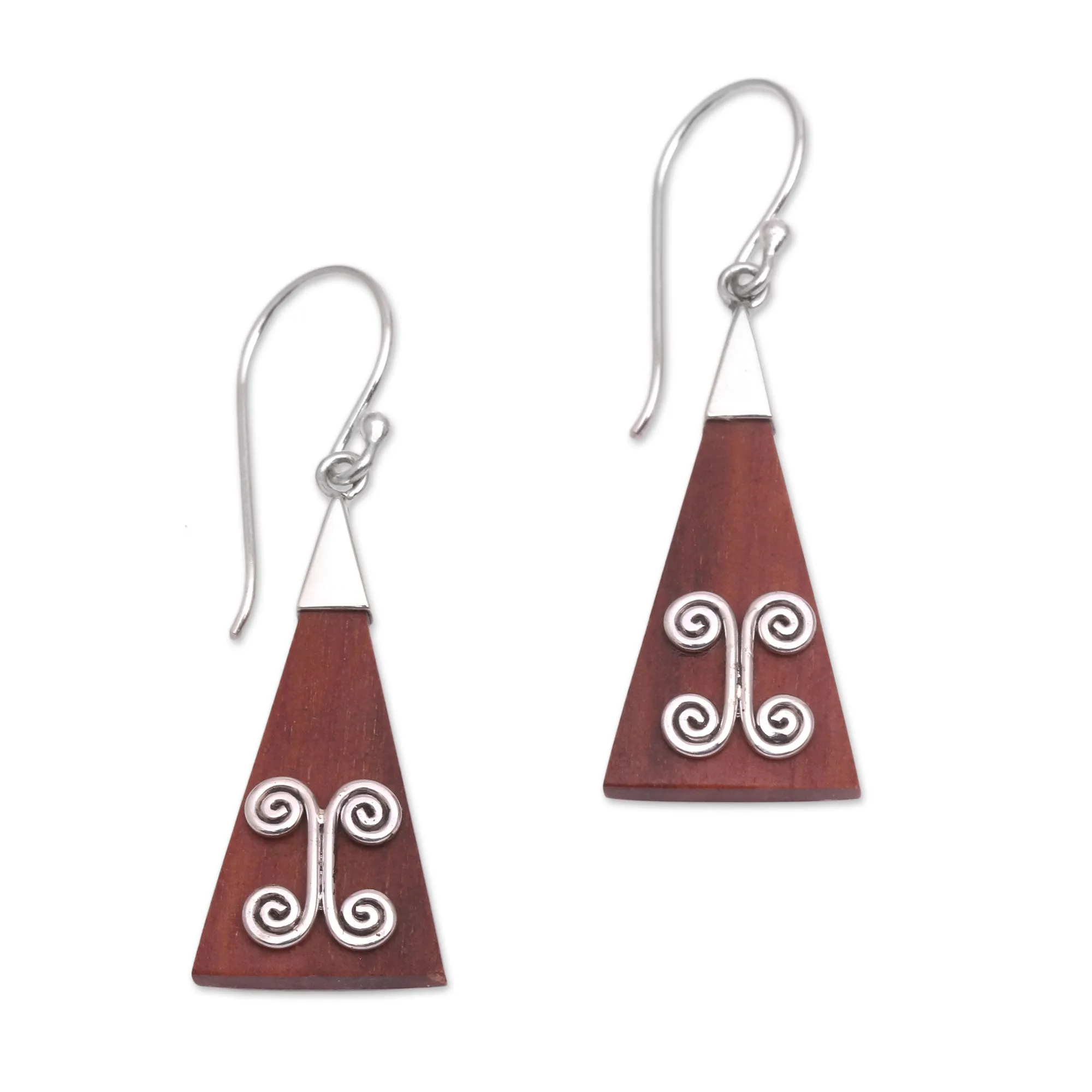 Wood Triangle Sterling Silver Swirl Modern Dangle Earrings - Reach | NOVICA