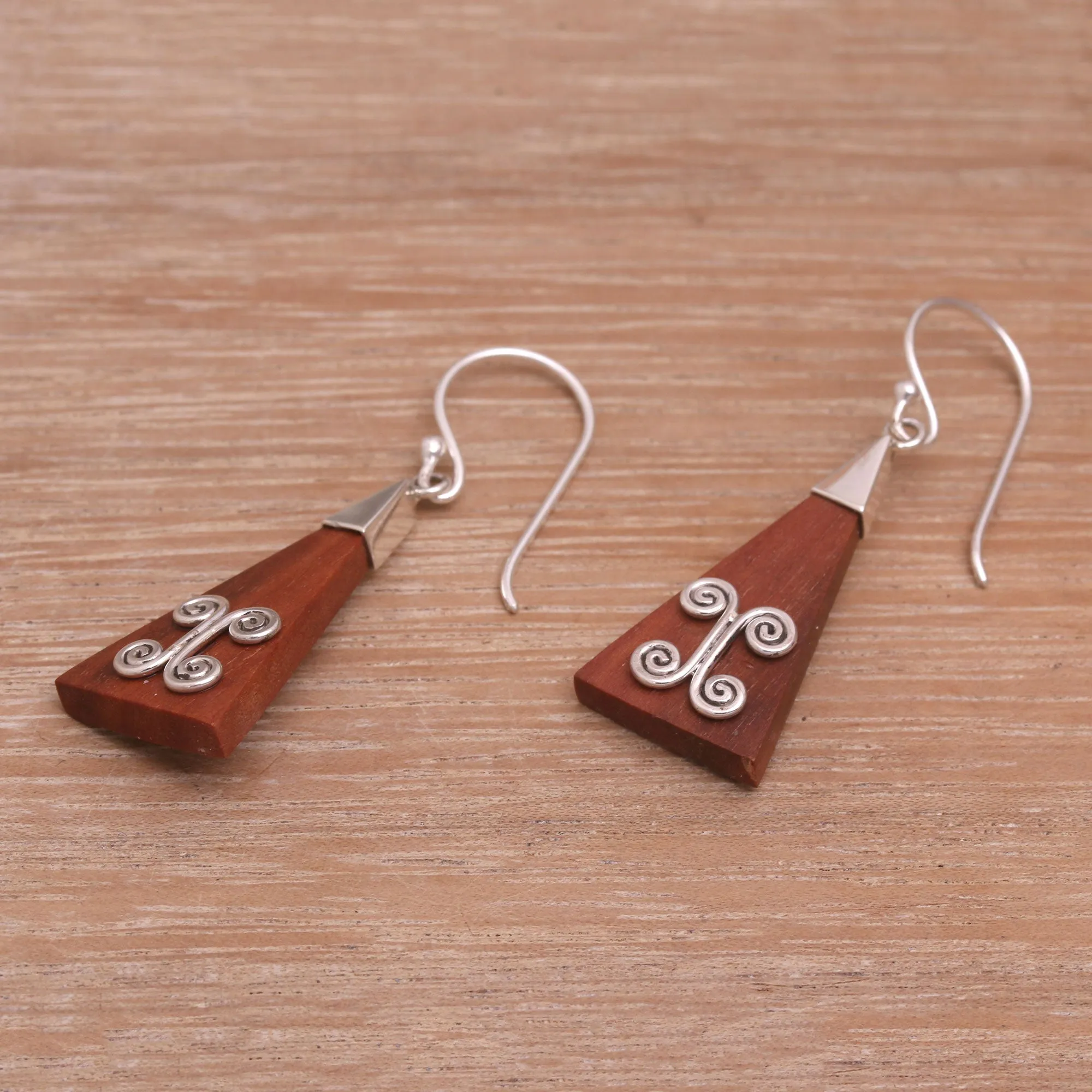 Wood Triangle Sterling Silver Swirl Modern Dangle Earrings - Reach | NOVICA