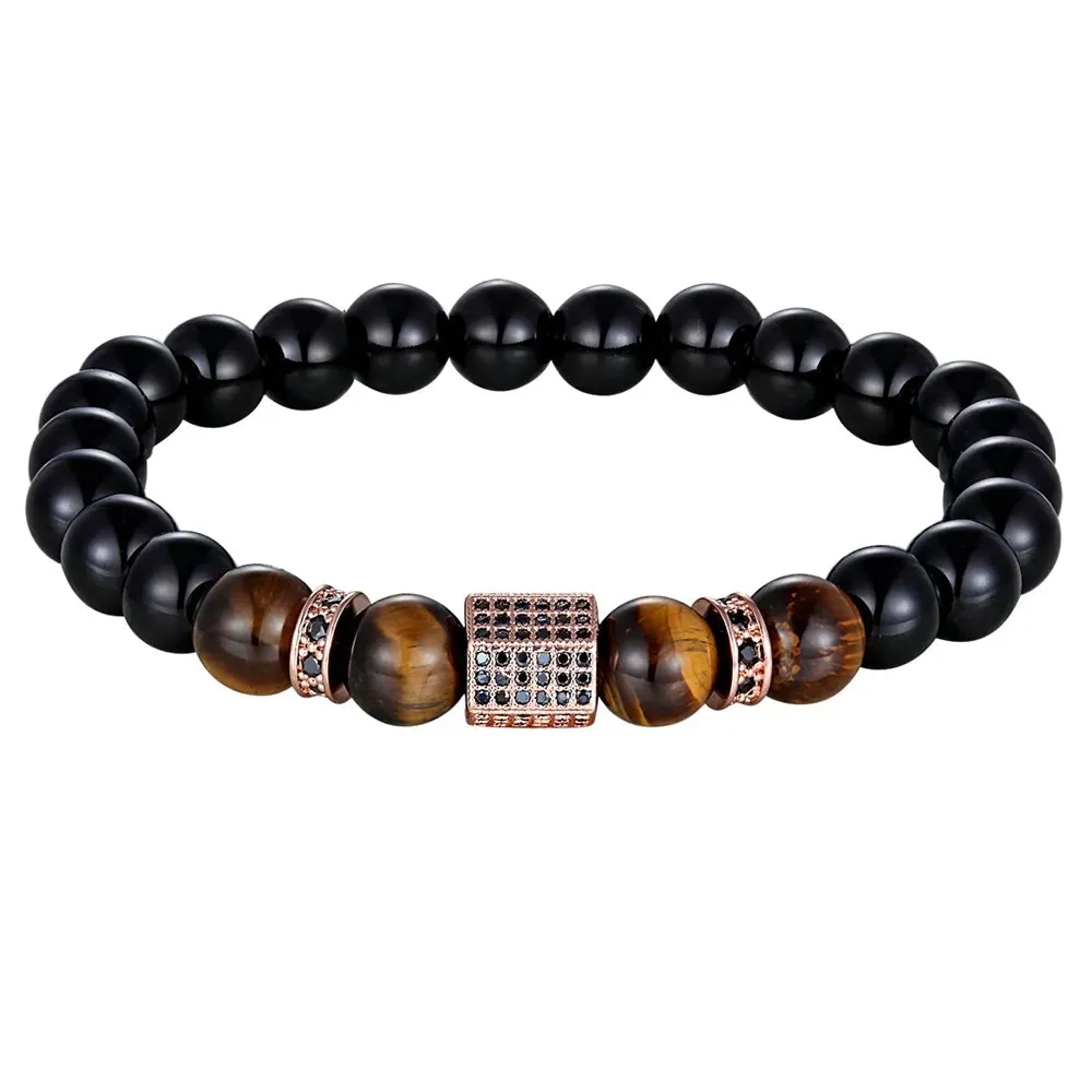 XQNI Matte Onyx Stone&Tiger Eye Combination Stitching with Cubic Zircon Hand Jewelry Beads Bracelet Elastic Stretch Men Bracelet