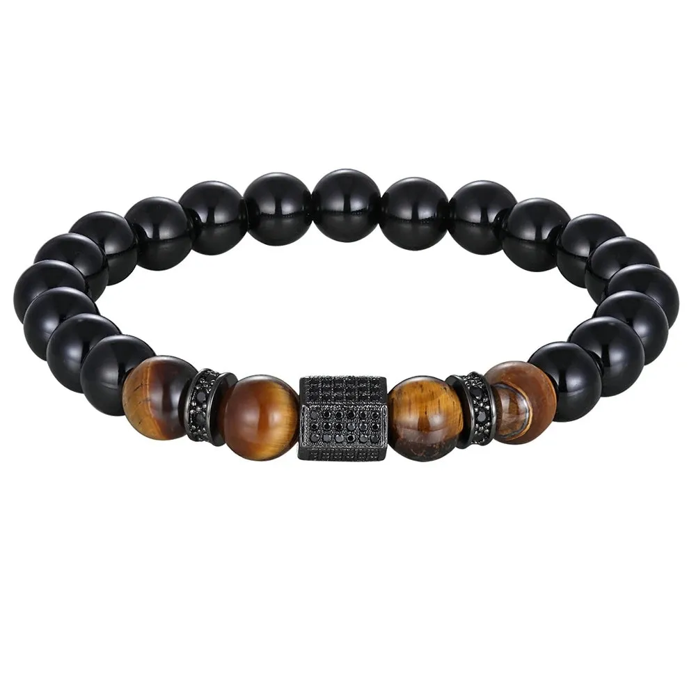 XQNI Matte Onyx Stone&Tiger Eye Combination Stitching with Cubic Zircon Hand Jewelry Beads Bracelet Elastic Stretch Men Bracelet